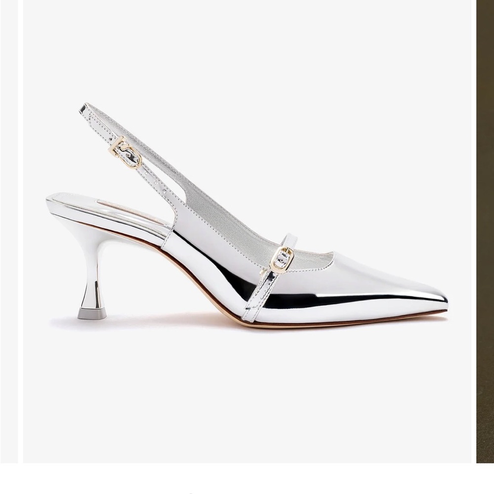 Larroude Shiny Silver Slingback Heels
